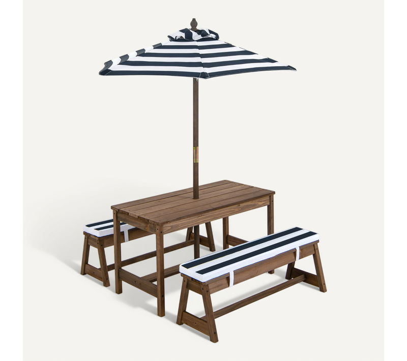 Table De Pique-nique Pour Enfant Avec 2 Bancs Et Parasol à 4 Places Coussins En Sapin Bleu