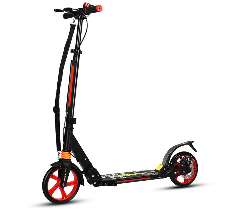 Trottinette à 2 Roues, Tapis De Saut Avec Frein Pliable 3 Hauteures Aajustables Rougeetnoir