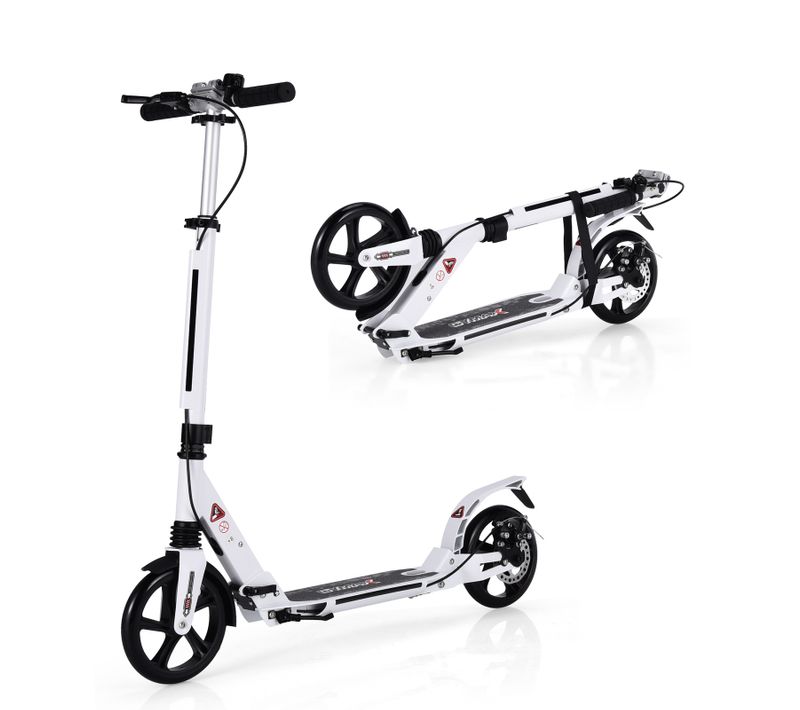 Trottinette à 2 Roues, Tapis De Saut Avec Frein Pliable 3 Hauteures Aajustables Blanc