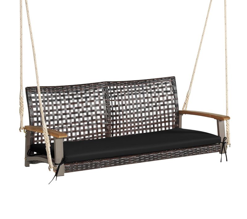 Balancelle D'extérieur, Balancelle De Jardin En Rotin 2 Place Accoudoirs En Bois D'acacia