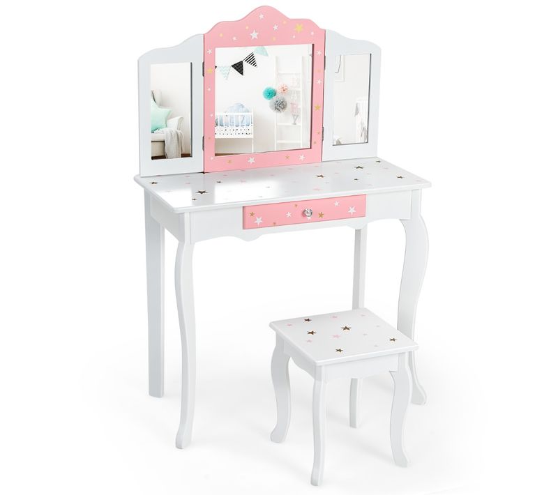Coiffeuse Enfant, Table De Maquillage Avec Tabouret Tiroir Miroir à 3 Volets Amovible Blanc
