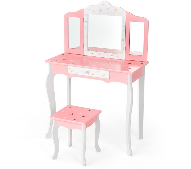 Coiffeuse Enfant, Table De Maquillage Avec Tabouret Tiroir Miroir à 3 Volets Amovible Rose