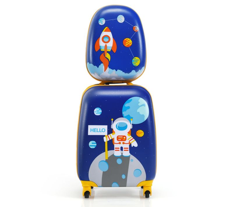 Ensemble 2 Valises Pour Enfants Sac à Dos Trolley Avec Poignée Rétractable Thème Aérienne Bleu