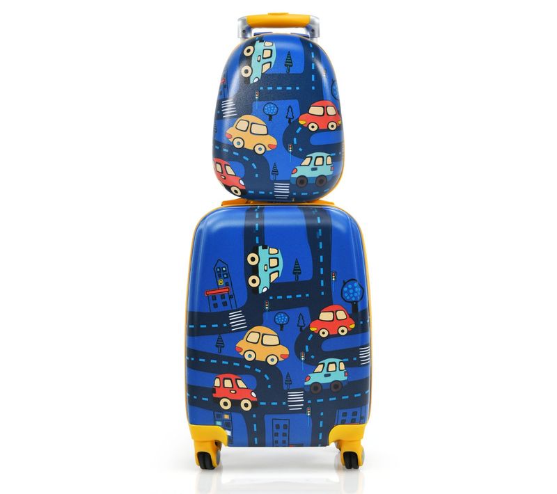 Ensemble 2 Valises Pour Enfants Sac à Dos Trolley Avec Poignée Rétractable Thème Voiture Bleu