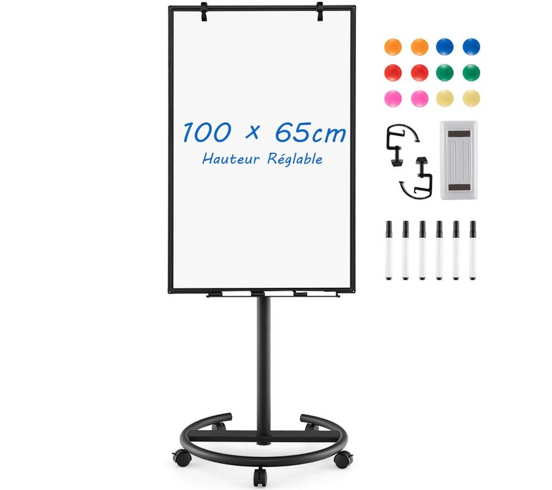 Tableau Blanc Magnétique Mobile 100 X 65 Cm Roulant Hauteur Réglable Support Rond