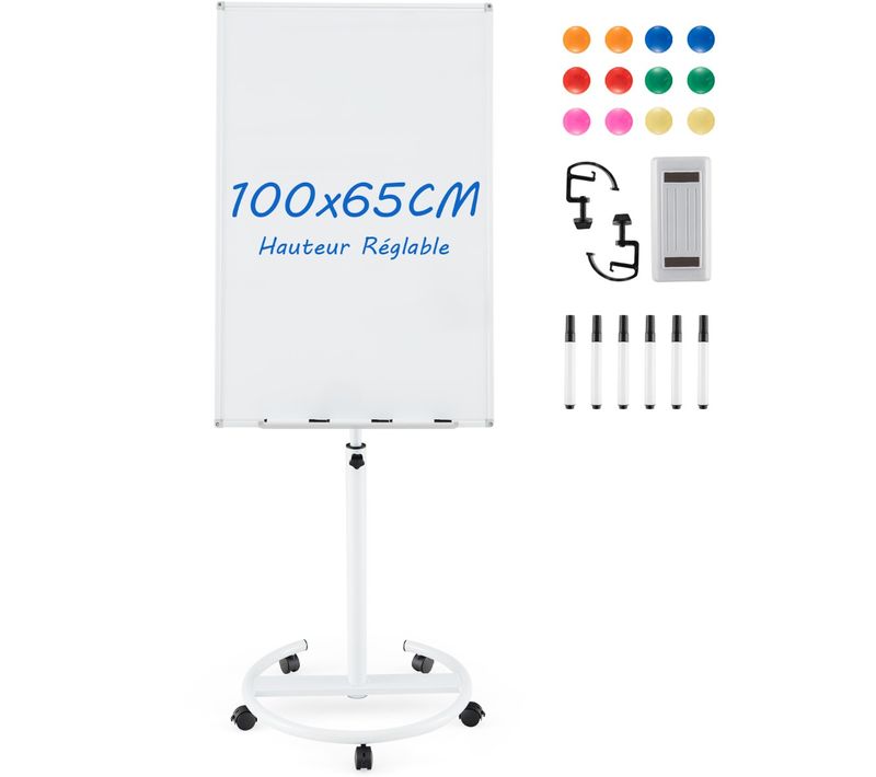 Tableau Blanc Magnétique Mobile 100x65cm Tableau Effaçable à Sec Roulant Hauteur Réglable