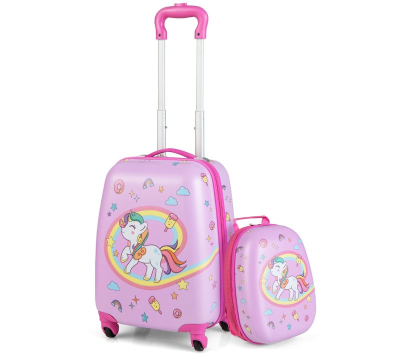 Valise Enfant à Roulettes 16" + Sac à Dos 12" Ensemble De Bagage Enfants Avec Motif Licorne Rose