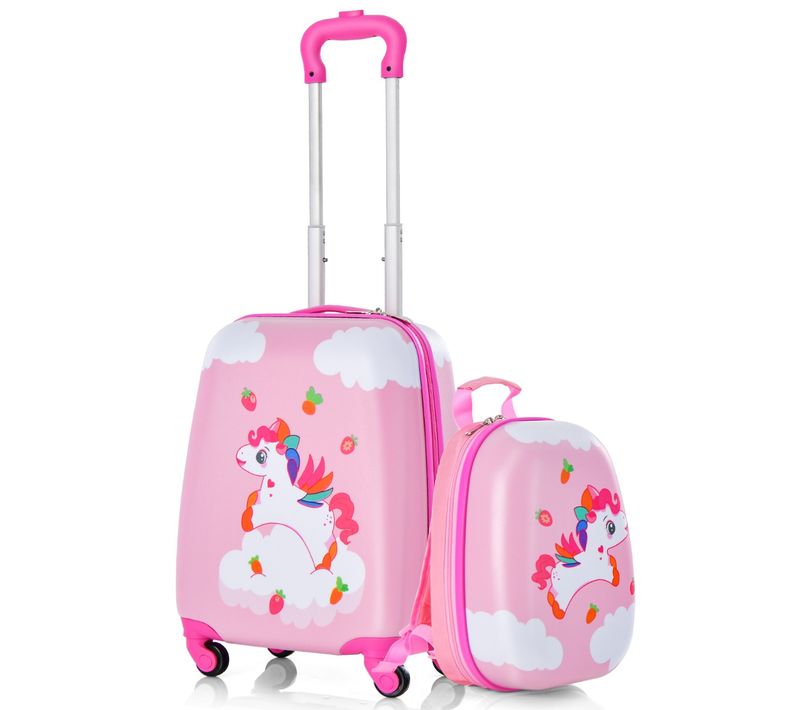 Valise Enfant à Roulettes 16" + Sac à Dos 12" Ensemble De Bagage Enfants Avec Motif Licorne Rose