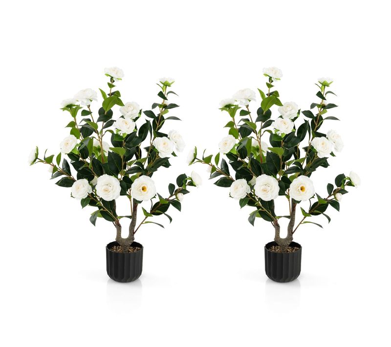 Camélia Artificiel De 95 Cmnte Artificielle à Fausses Fleurs Dans Un Pot En Ciment Fausse Blanc