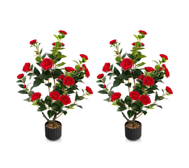 Camélia Artificiel De 95 Cmnte Artificielle à Fausses Fleurs Dans Un Pot En Ciment Fausse Rouge