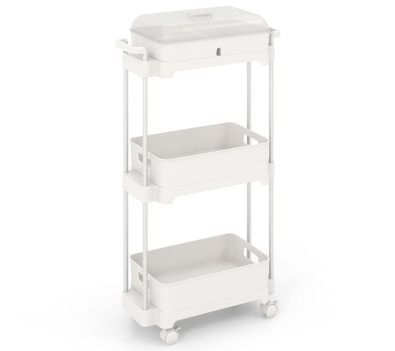 Desserte à Roulettes Chariot De Rangement à 3 Niveaux Couvercle Amovible Mobile Blanc