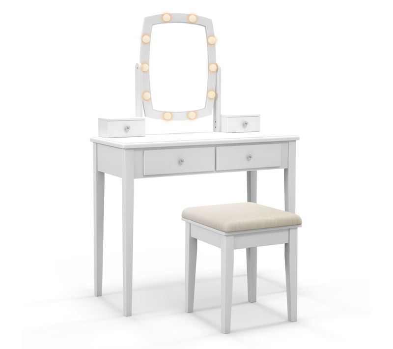 Coiffeuse Table De Maquillage Avec Miroir Tabouret Pivotant LED Et 4 Tiroirs Blanc