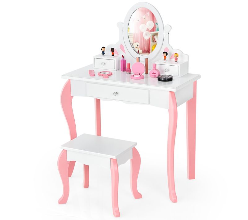 Coiffeuse Enfants Table De Maquillage Avec Tabouret Princesse Miroir Pivotant Et 3 Tiroirs Blanc