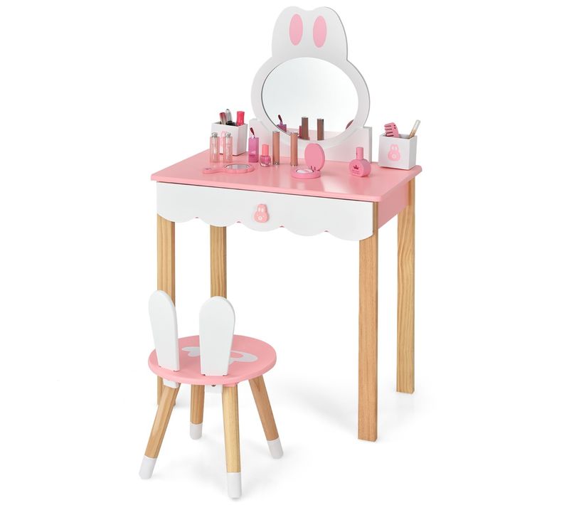Coiffeuse Enfants Table De Maquillage Avec Tabouret Miroir Amouvible 60 X 34 X 103 Cm Rose