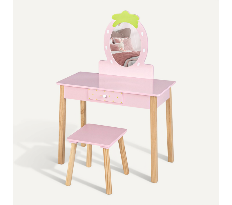 Coiffeuse Enfant Table De Maquillage Miroir Amovible Avec Tabouret Peigne Et Tiroir Bois Rose