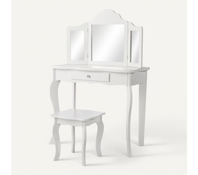 Coiffeuse Enfant Table De Maquillage Avec Tabouret Miroir 70x34x104 Cm Blanc