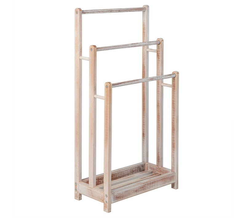 Porte-serviettes Sur Pied En Bois 3 Barres Et Étagère De Rangement Inférieure Blanc