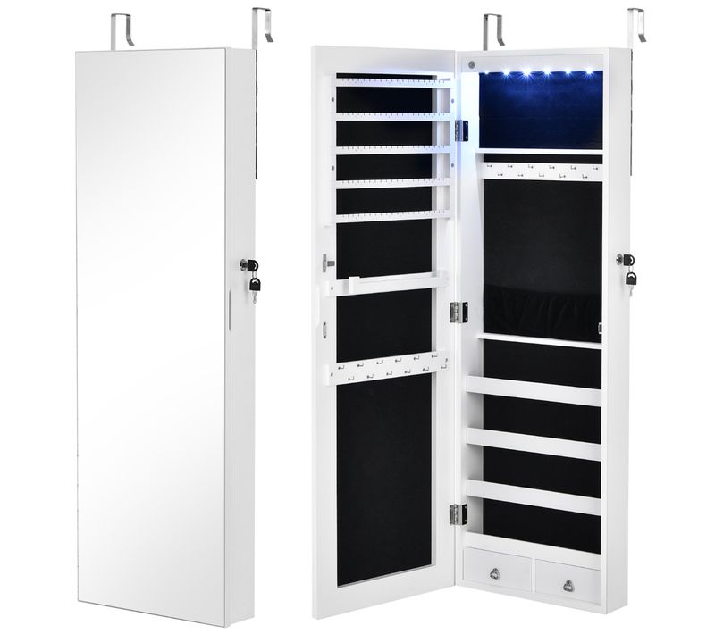 Armoire à Bijoux à Fixation Murale/porte 6 LED Et 2 Tiroirs Avec Miroir Grand Format Blanc