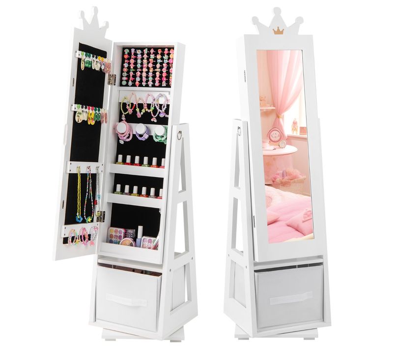 Armoire à Bijoux Pour Enfants Miroir Sur Pied Avec Grande Capacité De Rangement Et Base Pivotante