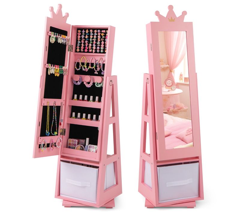 Armoire à Bijoux Pour Enfants Miroir Sur Pied Avec Grande Capacité De Rangement Et Base Pivotante