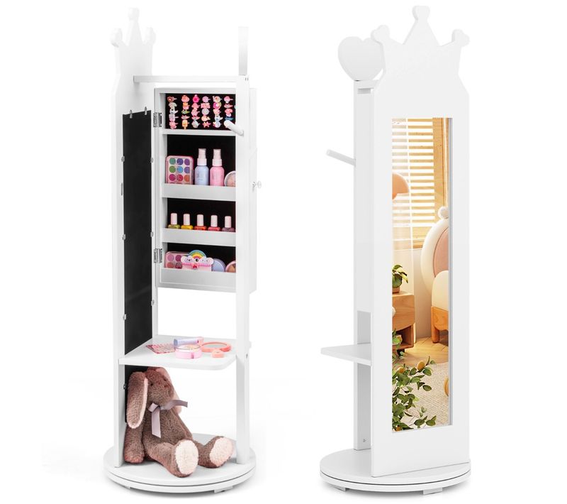 Armoire à Bijoux Pour Enfants Miroir Sur Pied Base Pivotante Support à Vêtements Crochets Blanc