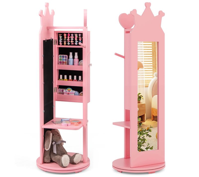Armoire à Bijoux Pour Enfants Miroir Sur Pied Base Pivotante Support à Vêtements Crochets Rose