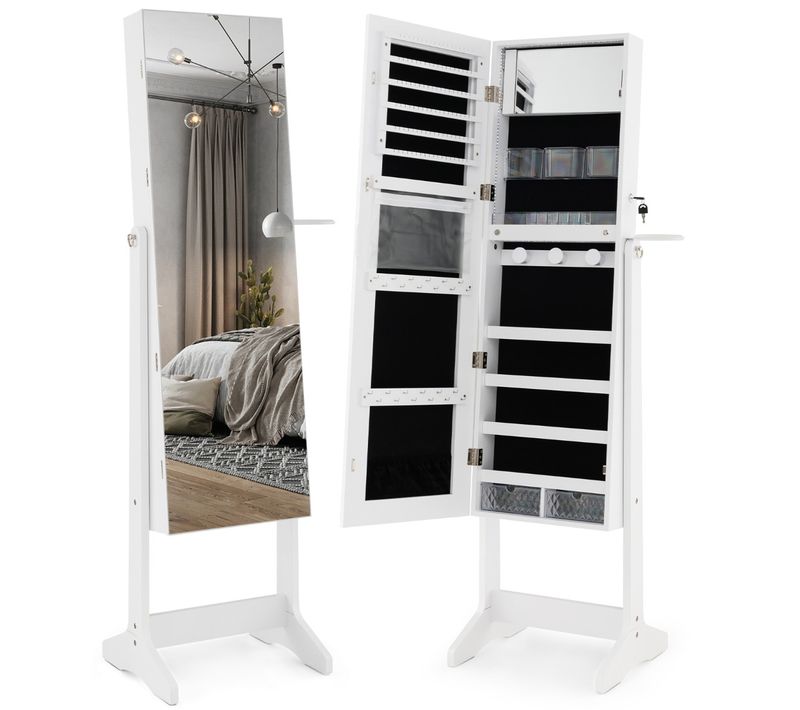 Armoire à Bijoux Sur Pied Avec Miroir Pleine Longueur LED 3 Couleurs Verrouillable Miroir