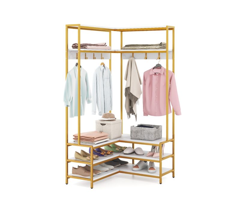 Vestiaire, Porte-vêtements D'angle Avec 7 Crochets Banc à Chaussures Cadre En Métal Massif