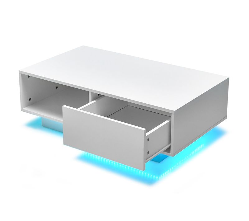Table Basse, Table De Salon LED Contemporain Avec Grand Tiroir 95x55x31 Cm Blanc