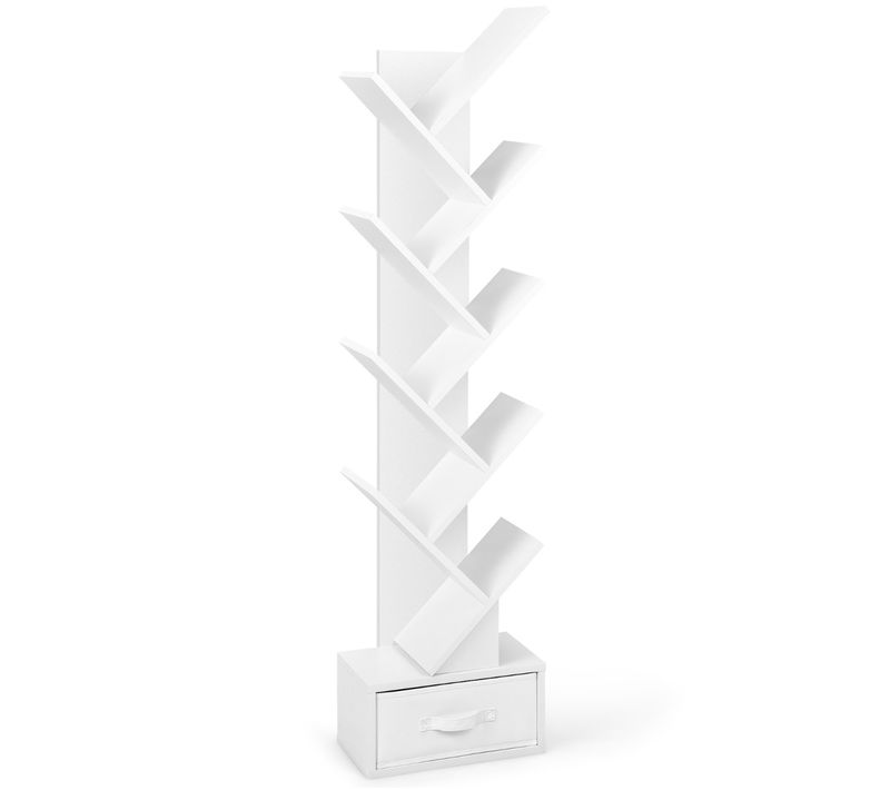 Étagère, Bibliothèque, Meuble De Rangement à 10 Niveaux Avec Tiroir Pour Cd Dvd Et Livres Blanc