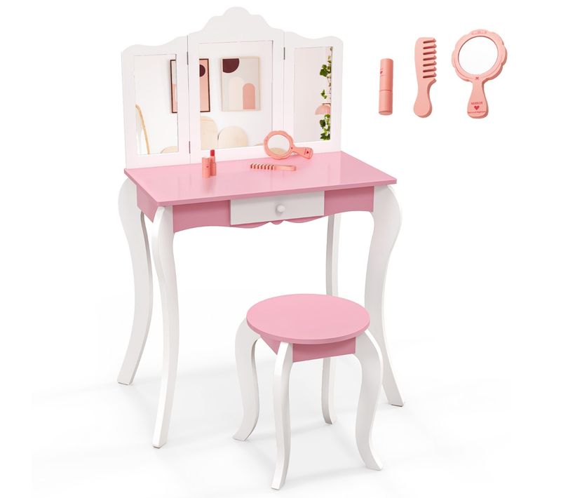 Coiffeuse Enfant, Table De Maquillage Avec Tabouret Miroir 1 Tiroir Et Accessoires Blanc