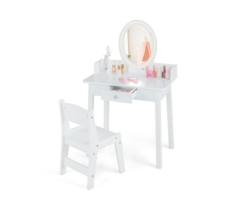 Coiffeuse Enfant, Table De Maquillage Avec Chaise Éclairage LED Miroir Blanc