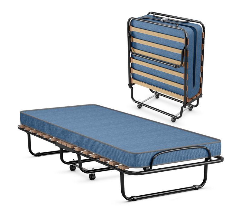 Lit D'appoint, Lit Pliant, Lit Simple Sur Roulettes 190 X 80 X 33 Cm Avec Matelas En Mousse