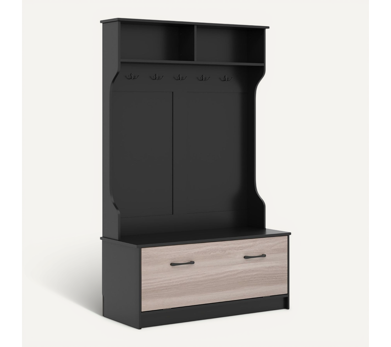 Vestiaire, Meuble D'entrée Avec Porte Manteaux Banc Et 2 Compartiments 100x40x160cm Noir