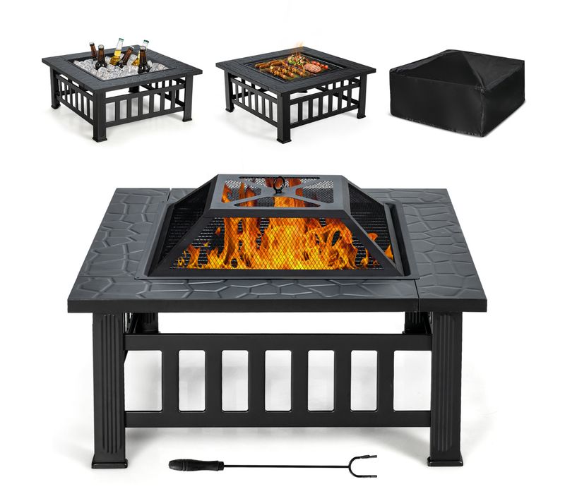 Brasero Extérieur 3 En 1 Pour Jardin 81x81x50cm Avec Grille Porte-bûches Gril Pour Barbecue