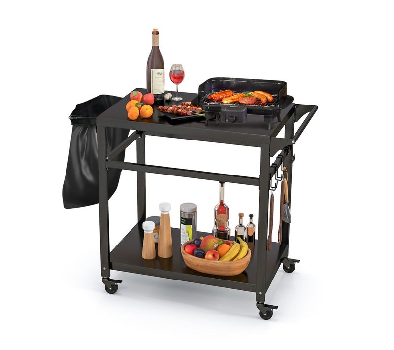 Chariot Pour Plancha / Barbecue à 2 Etagères Desserte De Jardin Sur Roulettes Avec 4 Crochets