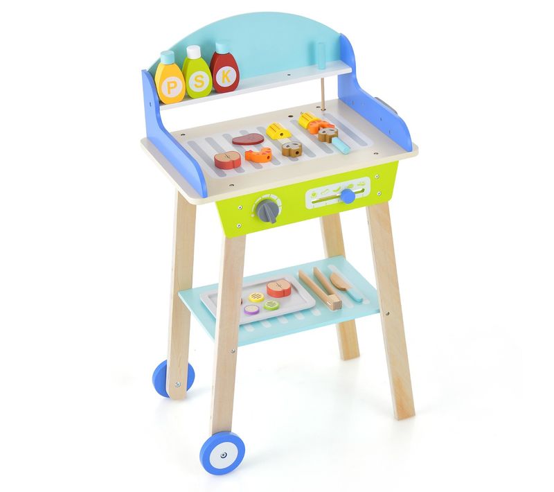 Jouet Barbecue Grill En Bois Pour Enfants 3 Ans+ 21 Accessoires Avec Roues Son Réaliste Cadeaux