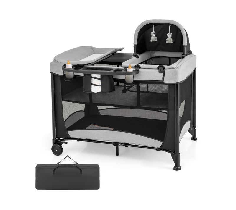 Lit Bébé 5 En 1 Lit Parapluie Pliable Parc Bébé Table à Langer Avec Berceau Matelas Amovible