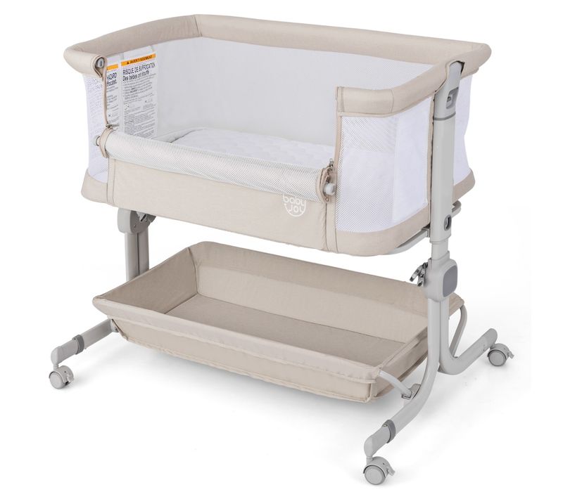 Lit De Bébé Berceau Berceau De Côté Avec Hauteur Réglable 6 Niveaux Étagère De Rangement Beige