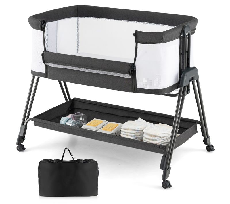 Lit De Chevet Pour Bébé Berceau Lit Pliant Portable Berceau Réglable Avec Rangement Noir