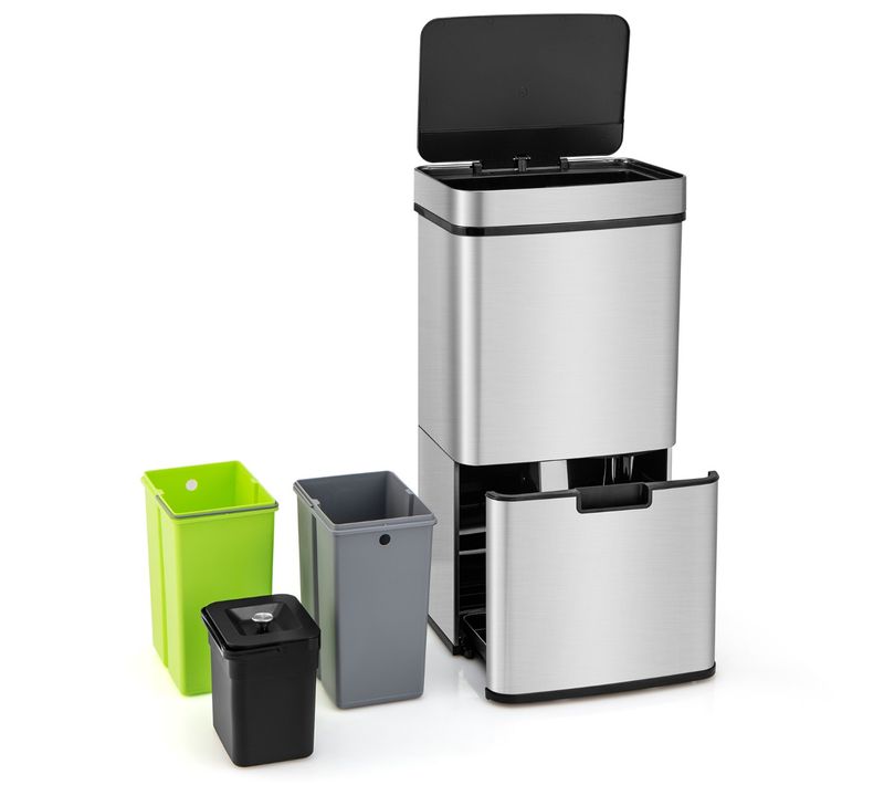 Poubelle à Détecteur De Mouvement En Acier Inoxydable 72 L Poubelle De Cuisine Et 2 Bacs