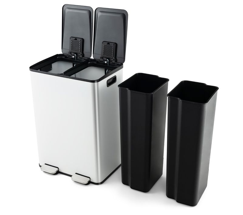Poubelle Double Compartiments 2 X 30l Poubelle Tri Selectif En Acier Inox Anti-empreintes Blanc