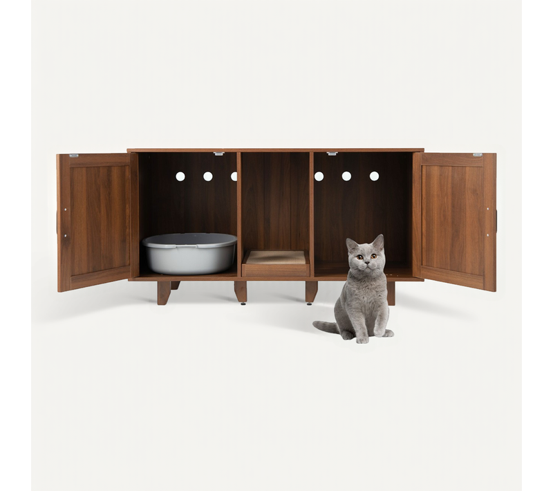Bac à Litière, Maison De Toilette Pour Chat 2 Portes Planche à Gratter Amovible Café