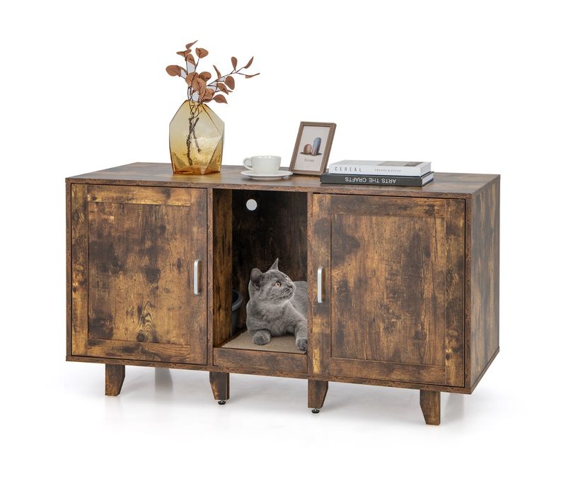 Bac à Litière, Maison De Toilette Pour Chat 2 Portes Planche à Gratter Amovible Marron Rustique