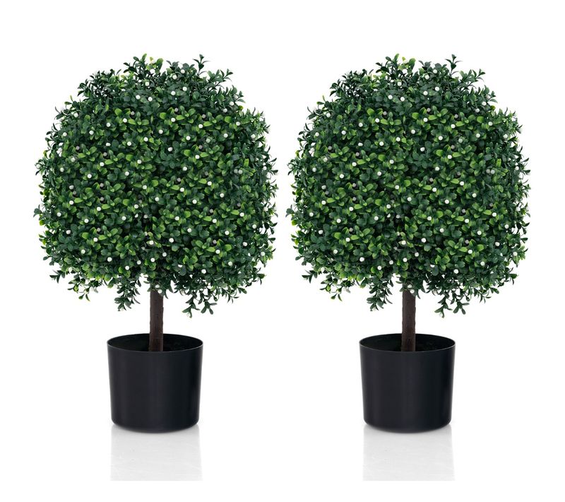 Lot De 2 Arbres De Buis Artificiel Topiaire 55 Cm Avec 343 Fruits Blancs Fausses Plantes En Boule