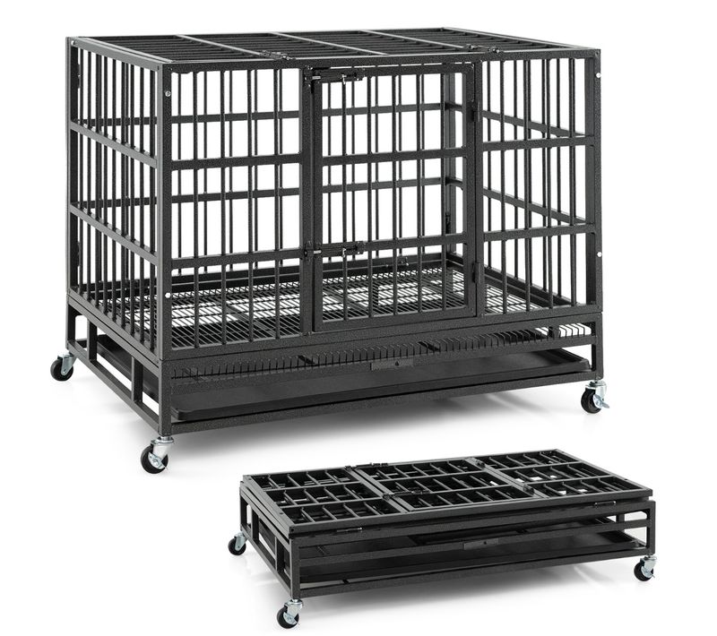 Cage Pour Chien De Grande Et Moyenne Taille De 96 Cm En Métal Pliable Roulettes Et 2 Portes