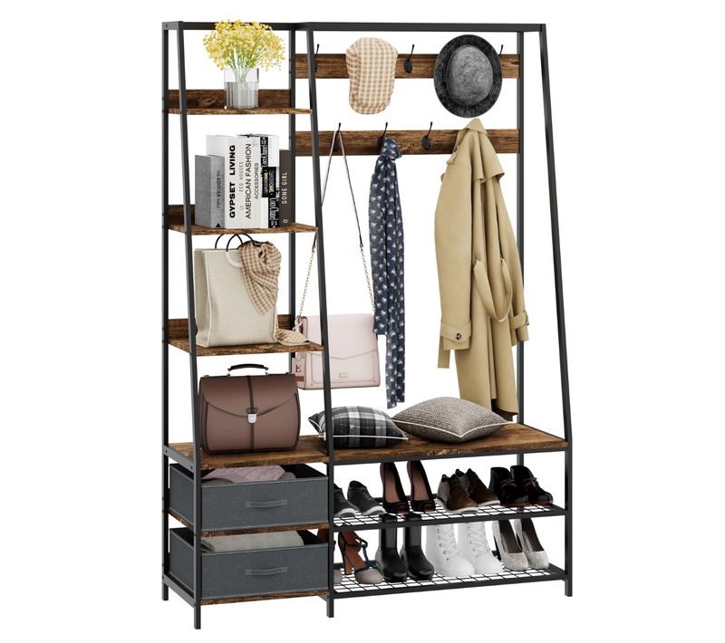 Vestiaire, Meuble D’entrée Porte Manteau 9 Crochets Doubles 2 Tiroirs Industriel Brun