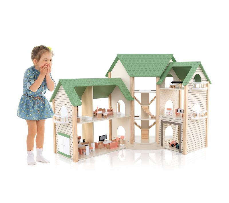 Maison De Poupée D'angle En Bois Au Toit Vert 36 Meubles Et Accessoires 3 Etages 6 Chambres
