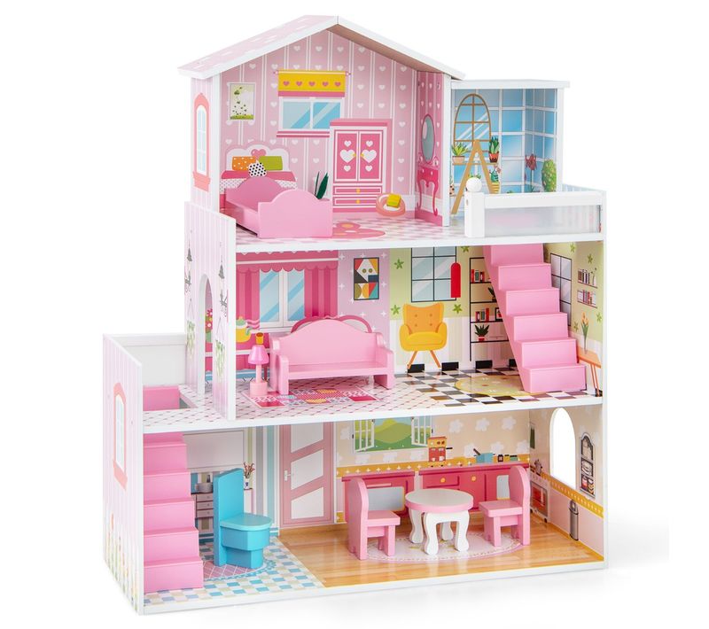 Maison De Poupée En Bois 11 Accessoires à 3 Etages 60 X 25 X 70 Cm Cadeaux Pour Enfants 3 Ans+