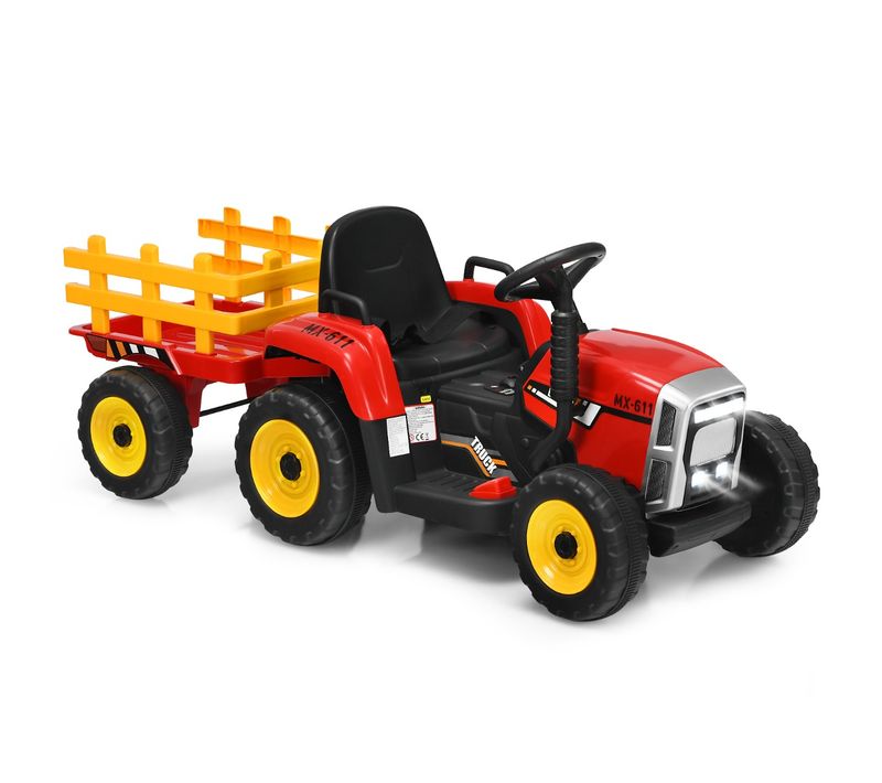 Tracteur Electrique Avec Remorque Pour Enfants 3 Vitesses Lumières LED Fonctions Audio USB Rouge
